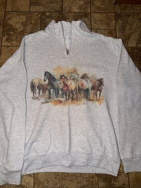 Ariat Light Gray Quarter-Zip Sweatshirt with Multi-Color Horse Graphic